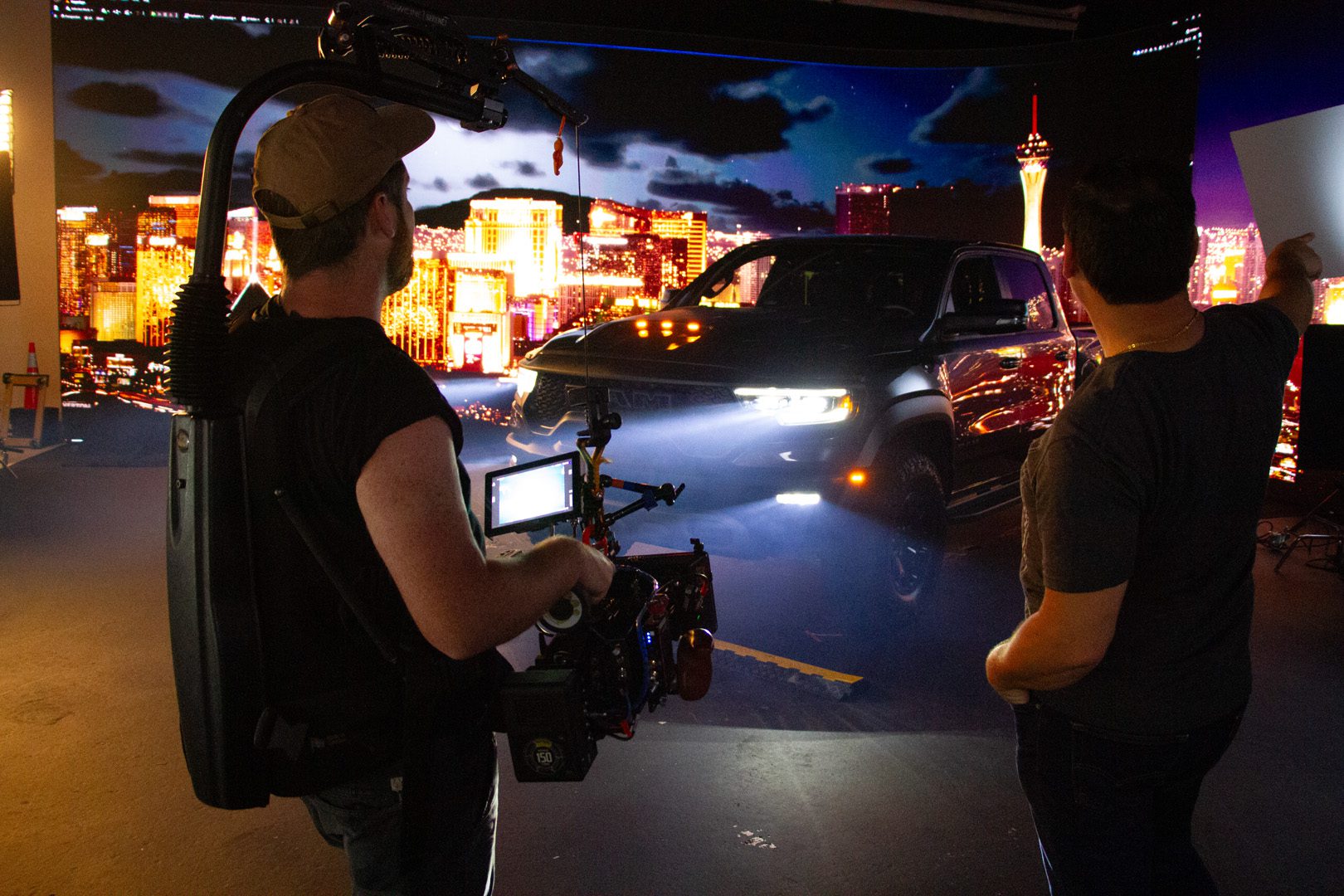 Filming at Camp Lucky's LED Wall 'The Volume' Showing Las Vegas Skyline