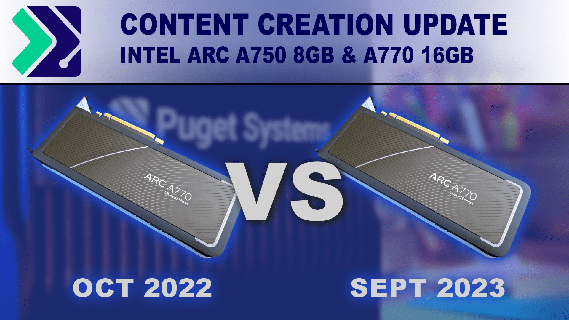 Decorative Image: Intel Arc Alchemist A770 Limited Edition GPU on a blue back ground, with the words "Oct 2022 vs Sept 2023".